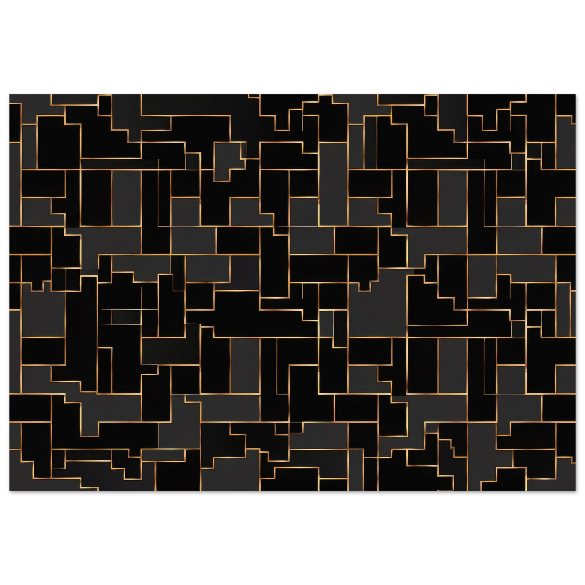 High-resolution flat front-facing view of an intricate geometric web composed of fine gold and bronze lines forming sharp concentric pyramid shapes on a dark background.