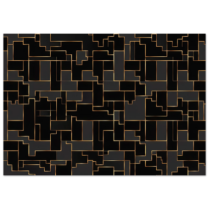 High-resolution flat front-facing view of an intricate geometric web composed of fine gold and bronze lines forming sharp concentric pyramid shapes on a dark background.