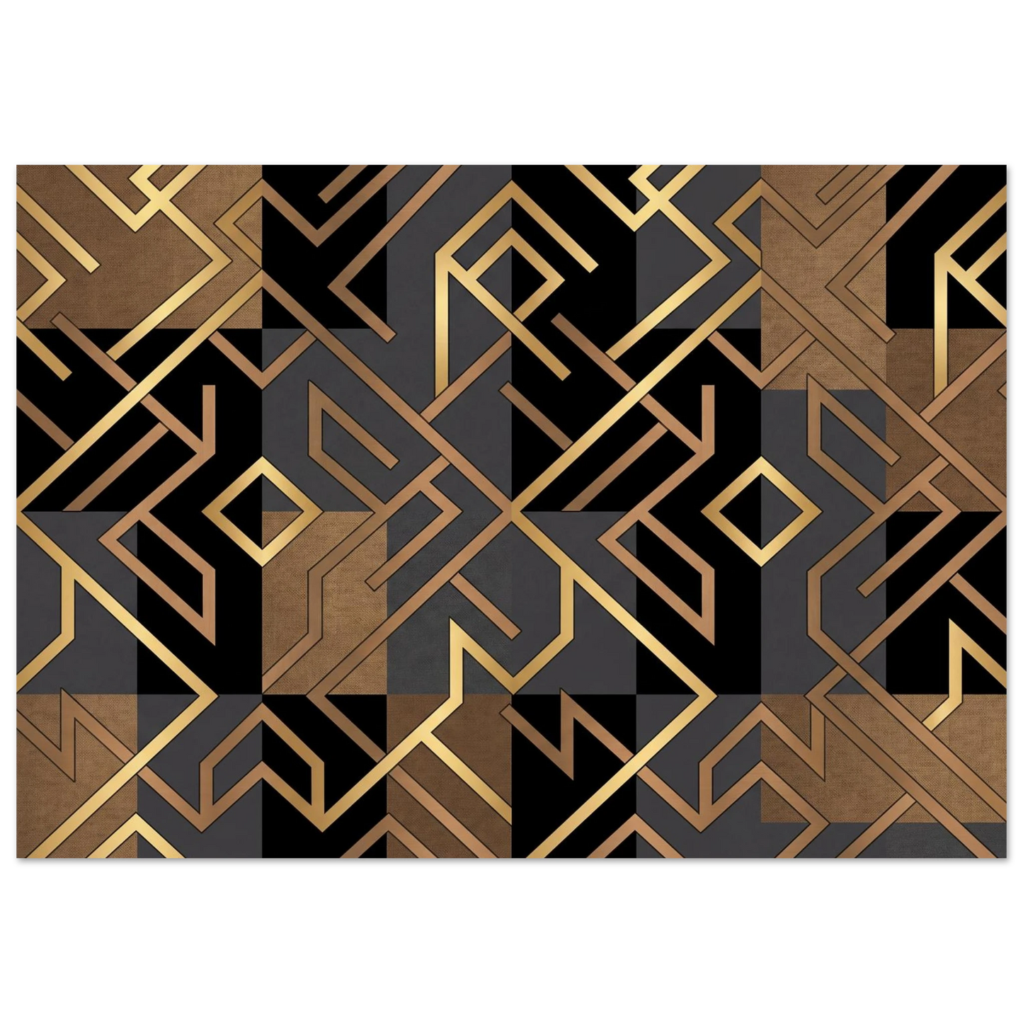 Flat repeating geometric pattern consisting of interlocking diamonds, gold lines, and textured bronze-brown fabric segments.