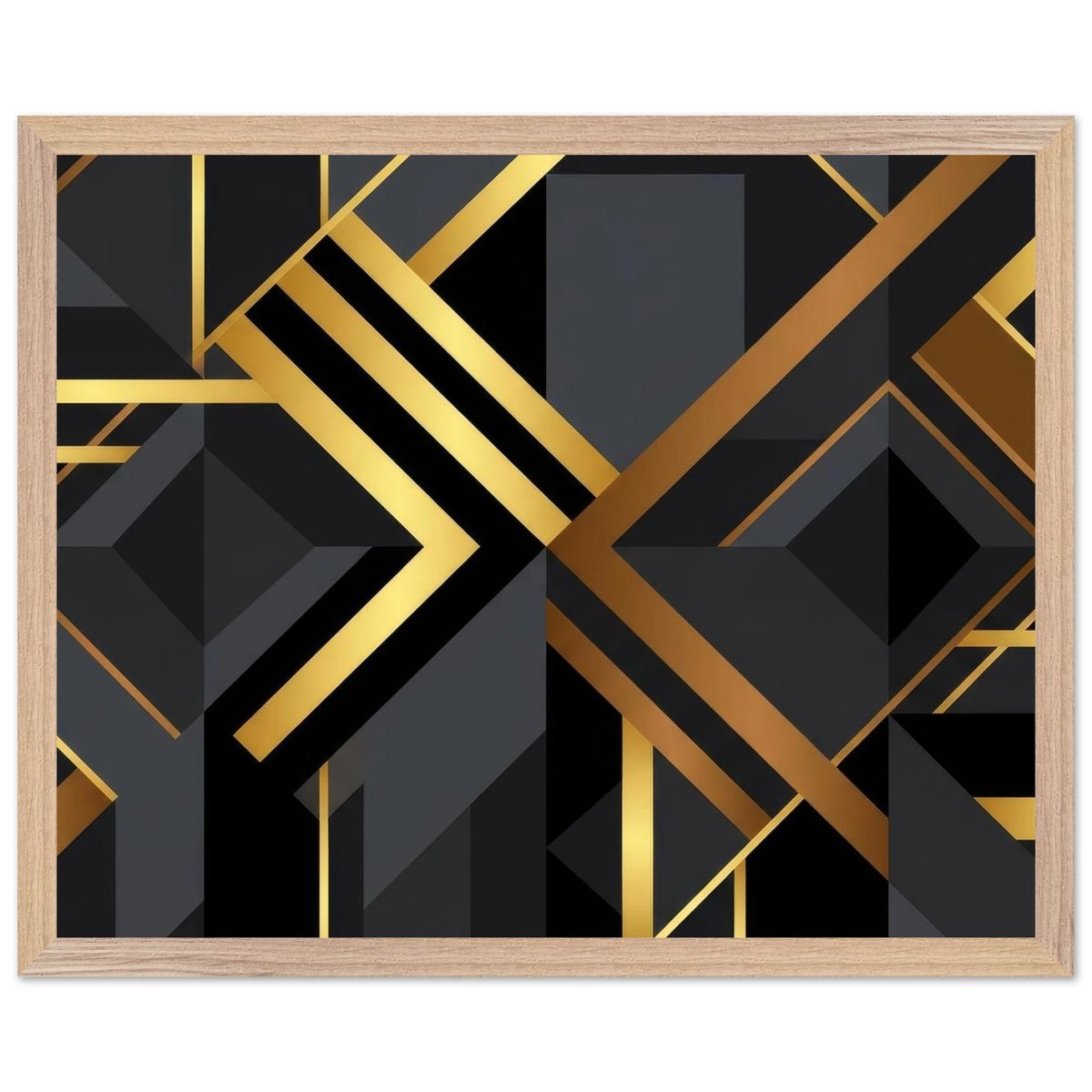 Framed wall art featuring a modern geometric art deco design with black and dark gray faceted shapes and metallic gold lines, enclosed in a light natural wood frame.