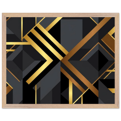 Framed wall art featuring a modern geometric art deco design with black and dark gray faceted shapes and metallic gold lines, enclosed in a light natural wood frame.