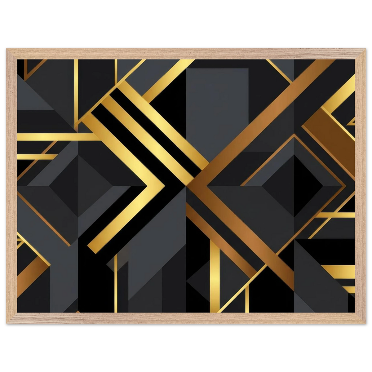 A framed abstract art print featuring a bold geometric Art Deco design in black, dark gray, and metallic gold, set in a light natural wood frame against a white background.