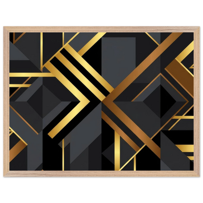 A framed abstract art print featuring a bold geometric Art Deco design in black, dark gray, and metallic gold, set in a light natural wood frame against a white background.