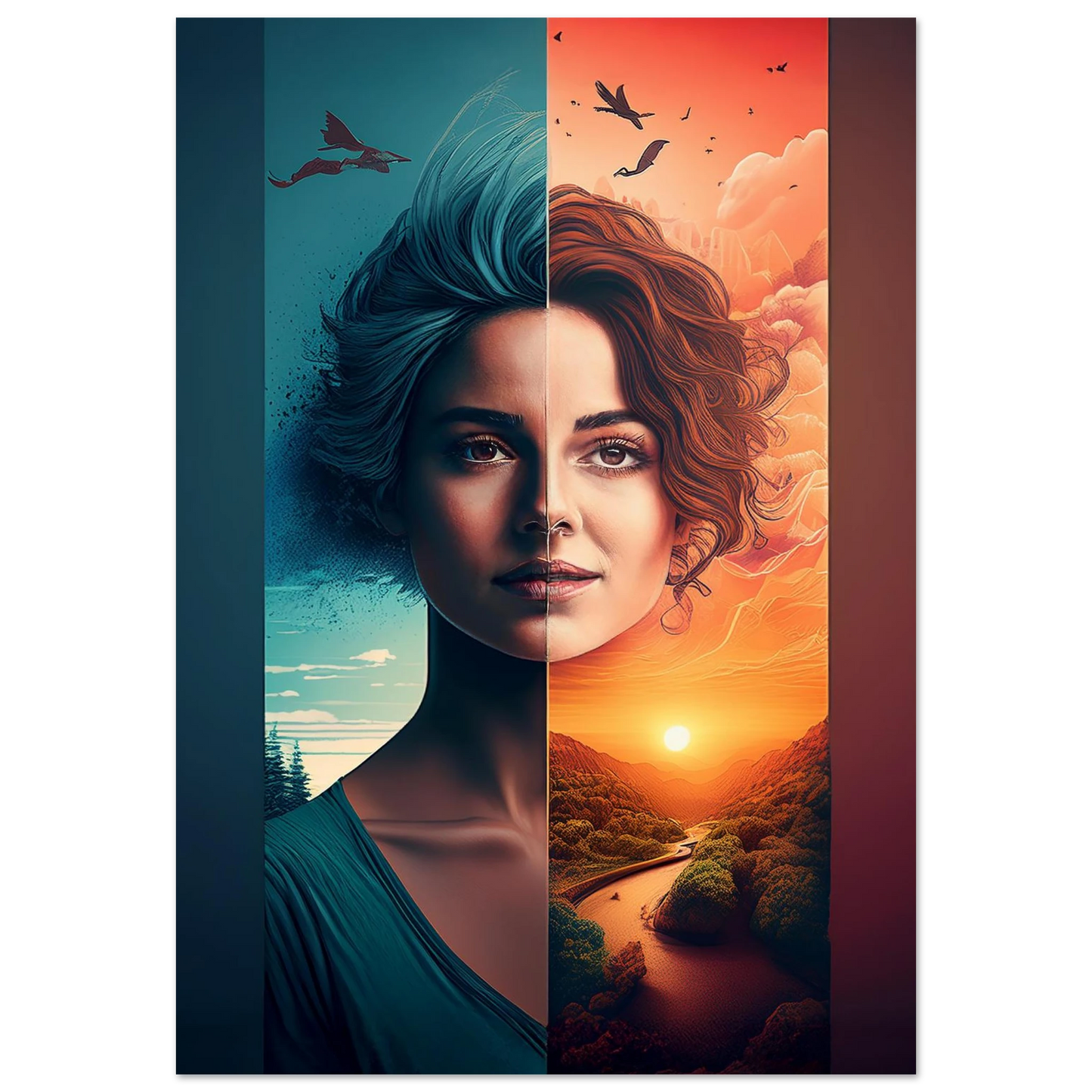 A woman’s face split vertically; the left side is blue with a moonlit sky, the right side is orange with a sunset over a river valley.

