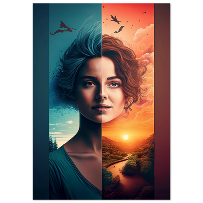 A woman’s face split vertically; the left side is blue with a moonlit sky, the right side is orange with a sunset over a river valley.

