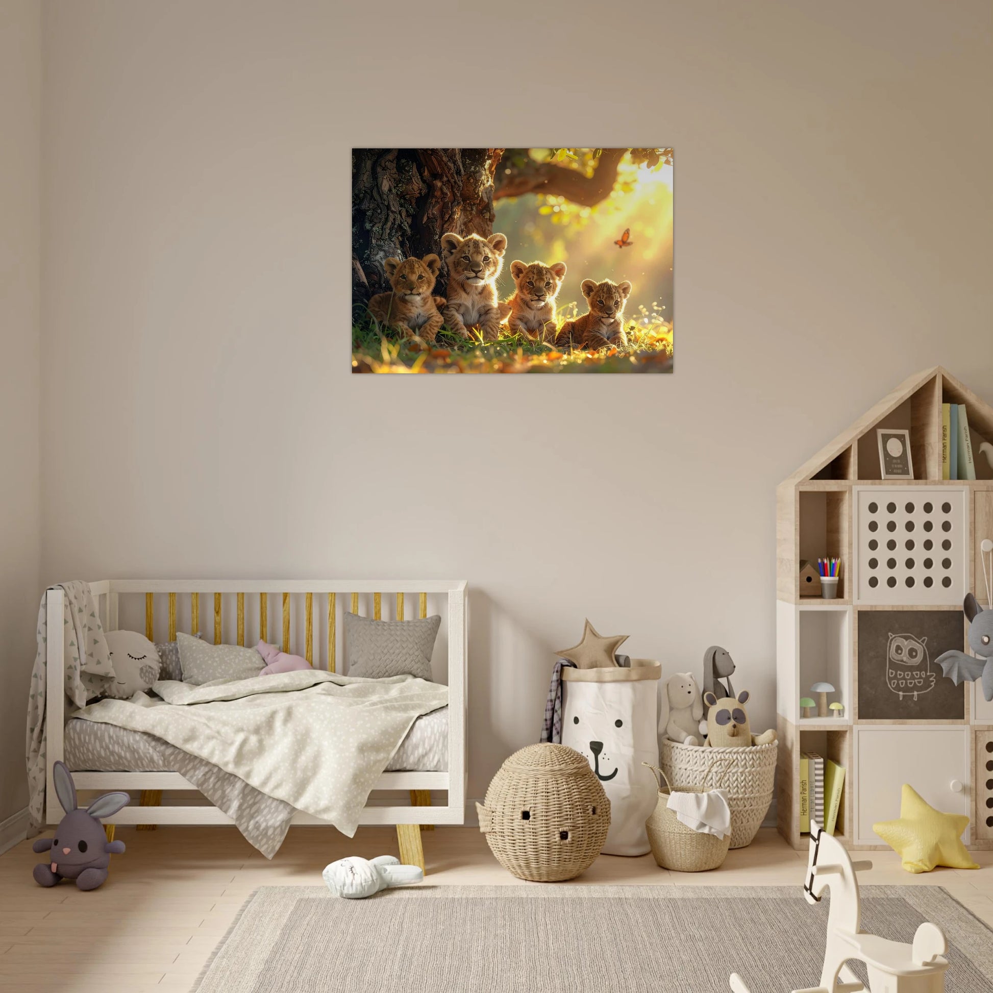 A peaceful scene of Baby animals resting under a large tree with warm, golden sunlight filtering through the leaves.