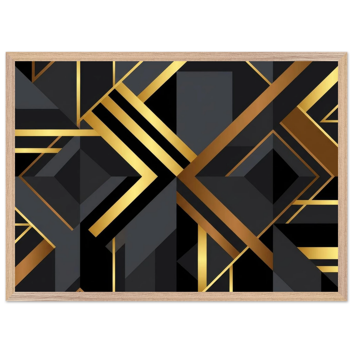 A framed square wall art print featuring a bold geometric art deco design in black and metallic gold, set against a plain white background.