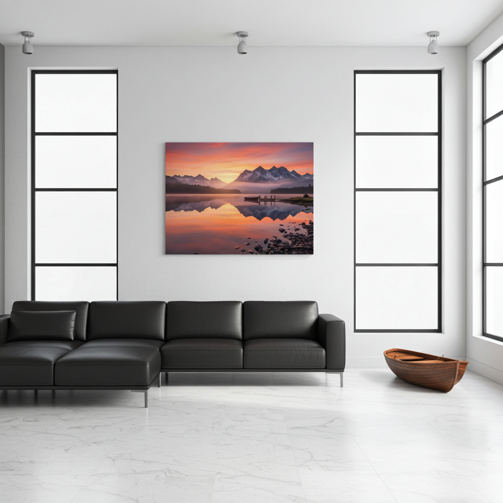 Mountain River Mirror : Where Snow Meets Sunset  Wall Art