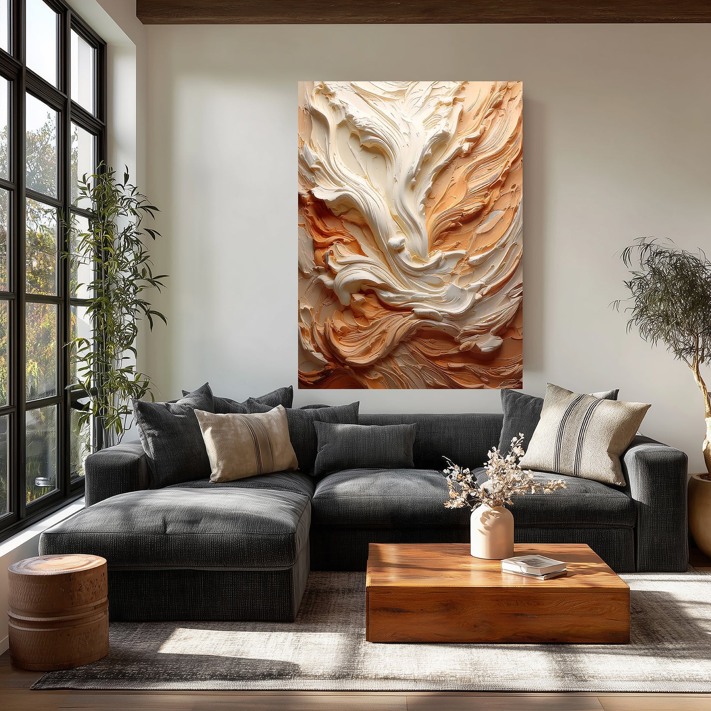Wall art- Abstract 3D plaster relief thick impasto strokes , organic wavy lines minimalist composition