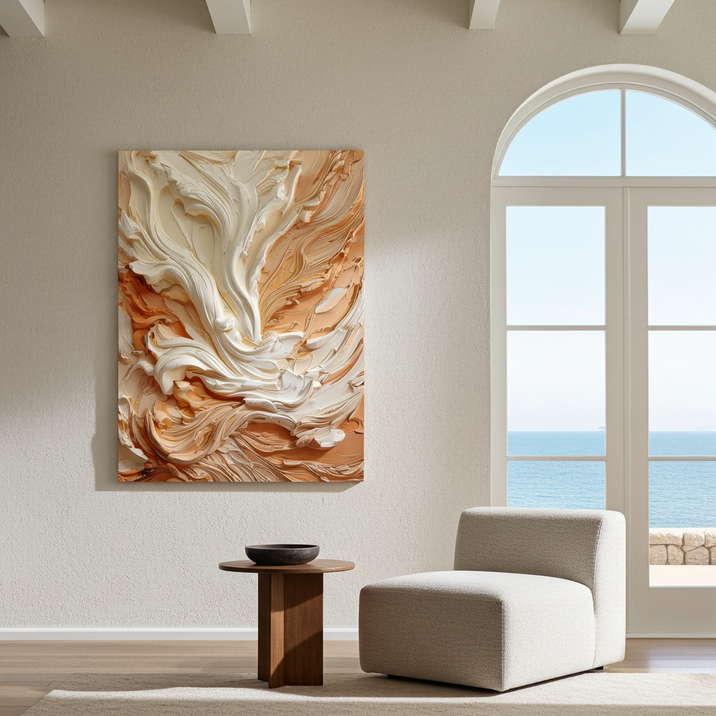 Abstract 3D plaster relief thick impasto strokes , organic wavy lines minimalist composition