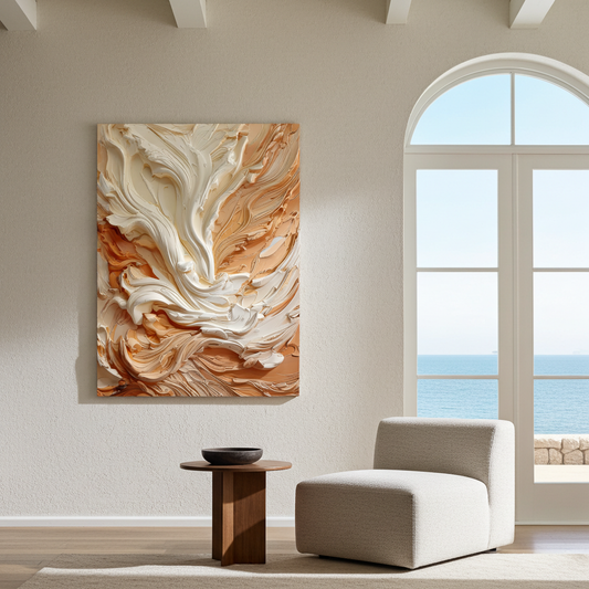 Wall art- Abstract 3D plaster relief thick impasto strokes , organic wavy lines minimalist composition