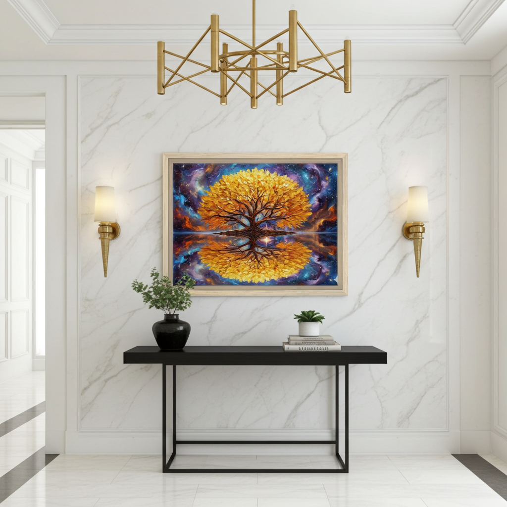 Celestial Reflection: Golden Tree of Life Luxury Canvas Art