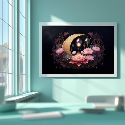 Gilded Celestial Moon and Starscape Lotus Wall Art