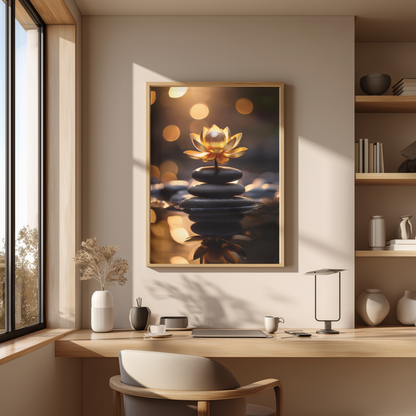 Golden Glow Zen Lotus on Balanced Stones Wall  Art