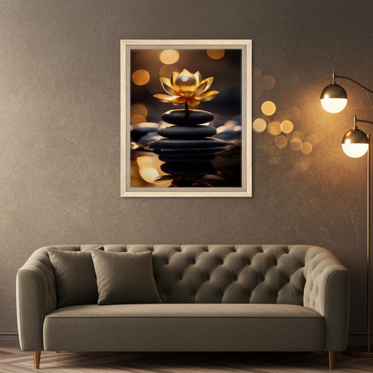 Golden Glow Zen Lotus on Balanced Stones Wall  Art