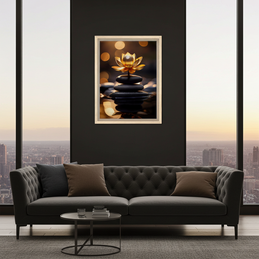 Golden Glow Zen Lotus on Balanced Stones Wall  Art
