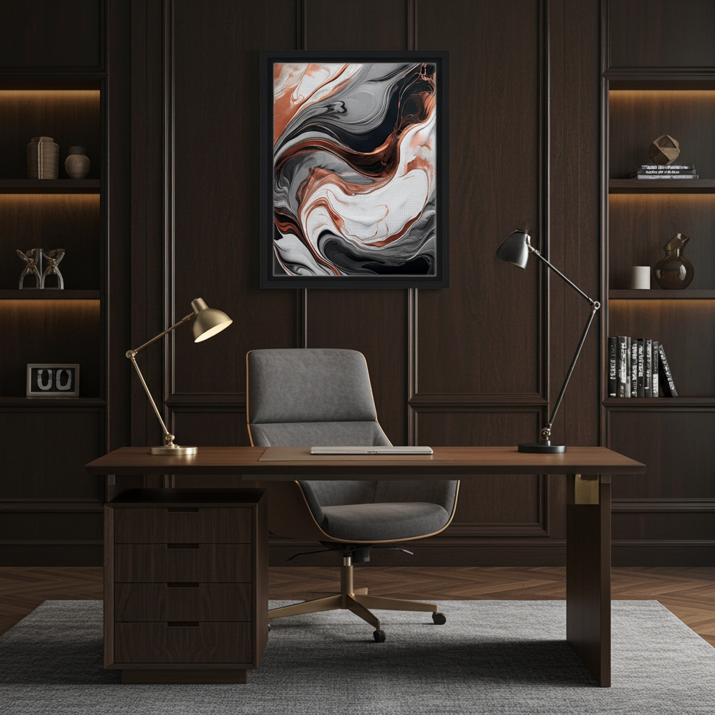 Luxury Rose Gold and Charcoal Fluid Abstract Wall Art