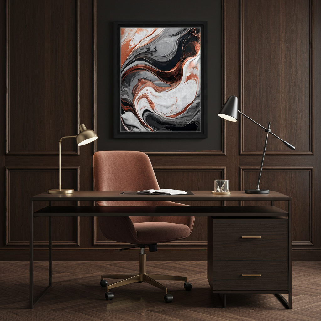 Luxury Rose Gold and Charcoal Fluid Abstract Wall Art