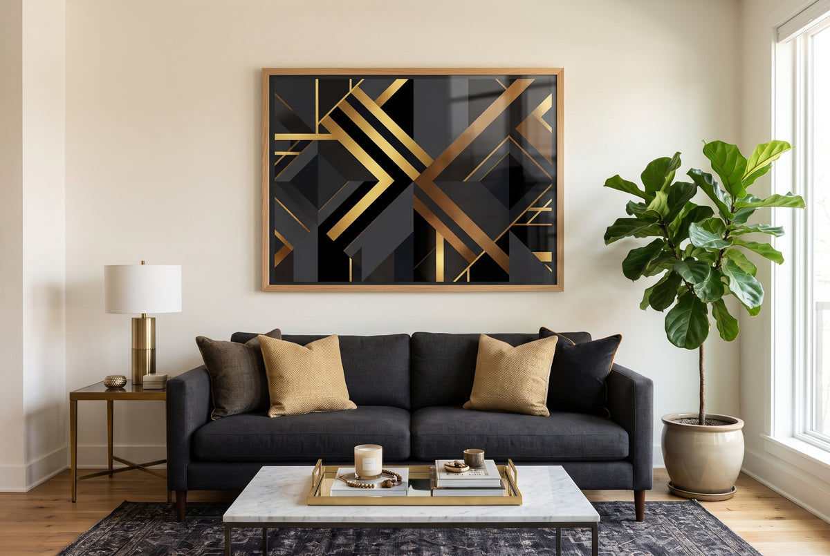 Art Deco Diagonal Geometric Premium Wooden Framed Poster in modern living room above charcoal sofa