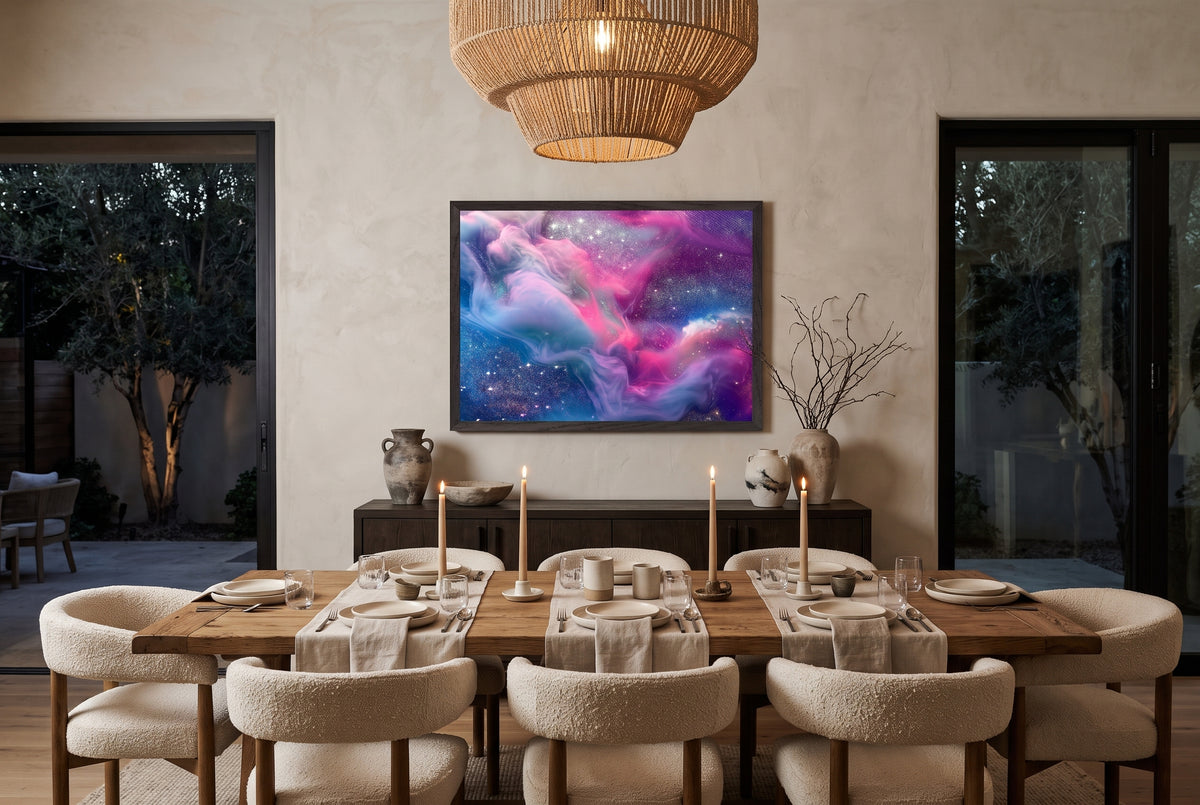 Cosmic Nebula framed abstract wall art hanging above a rustic wooden dining table in a modern dining room