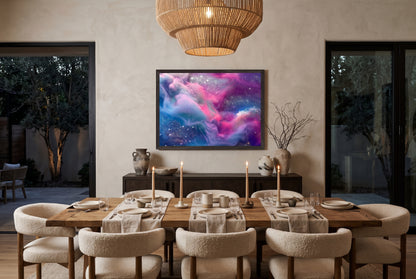 Cosmic Nebula framed abstract wall art hanging above a rustic wooden dining table in a modern dining room
