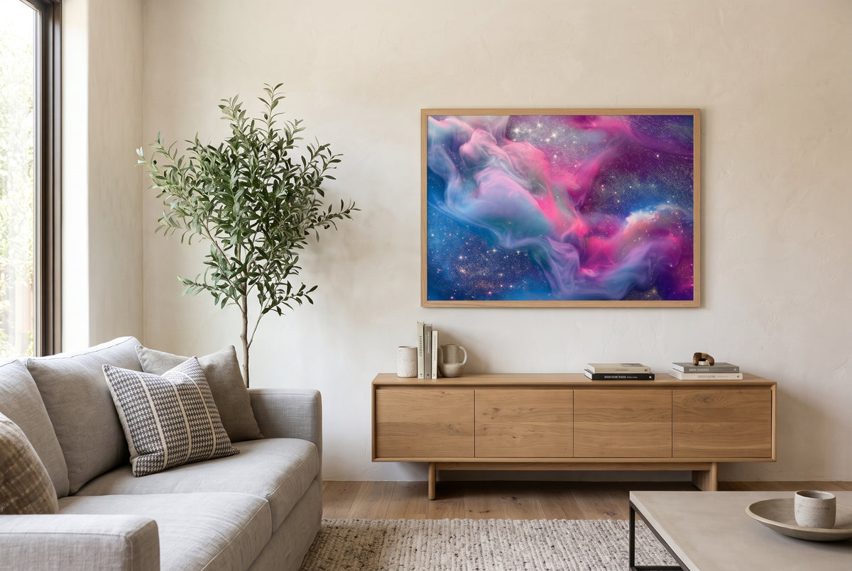 Cosmic Nebula framed abstract print in natural wood frame above a minimalist living room credenza