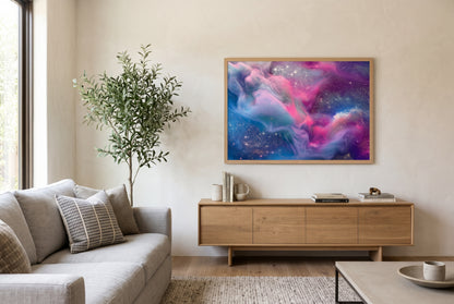 Cosmic Nebula framed abstract print in natural wood frame above a minimalist living room credenza