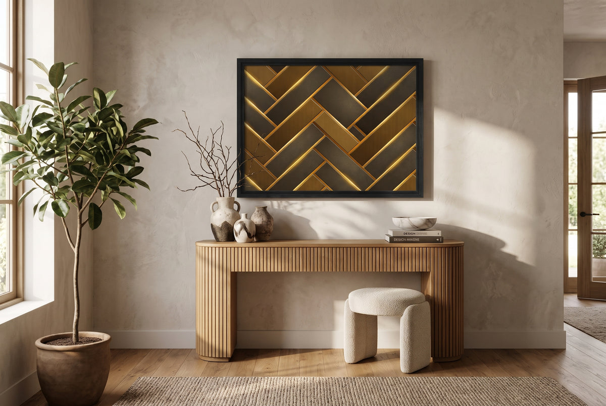 The Golden Herringbone Geometric Wall Art - Framed Canvas