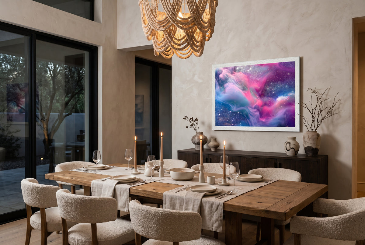 Cosmic Nebula framed abstract print in white frame above a rustic wooden dining table in a modern dining room