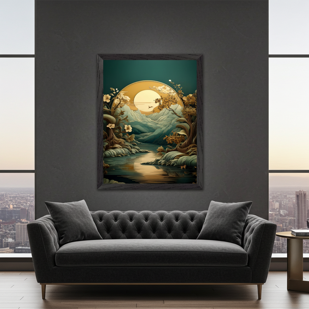 Enchanted Golden Forest Pond with Sun and Butterflies Wall Art
