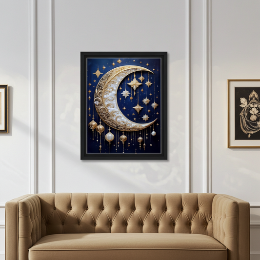 Golden Filigree Crescent Moon and Stars Celestial  Wall Art