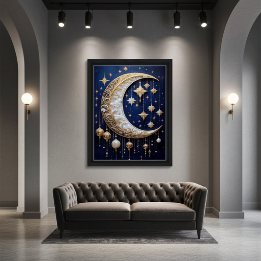 Golden Filigree Crescent Moon and Stars Celestial  Wall Art