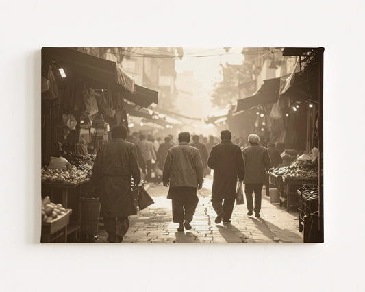 Sepia Toned Canvas Print of Vintage Street Market – Intricate Vendor Details