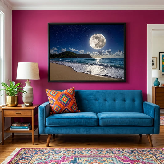 Moon Setting Over Ocean Beach Wall Art  Prints
