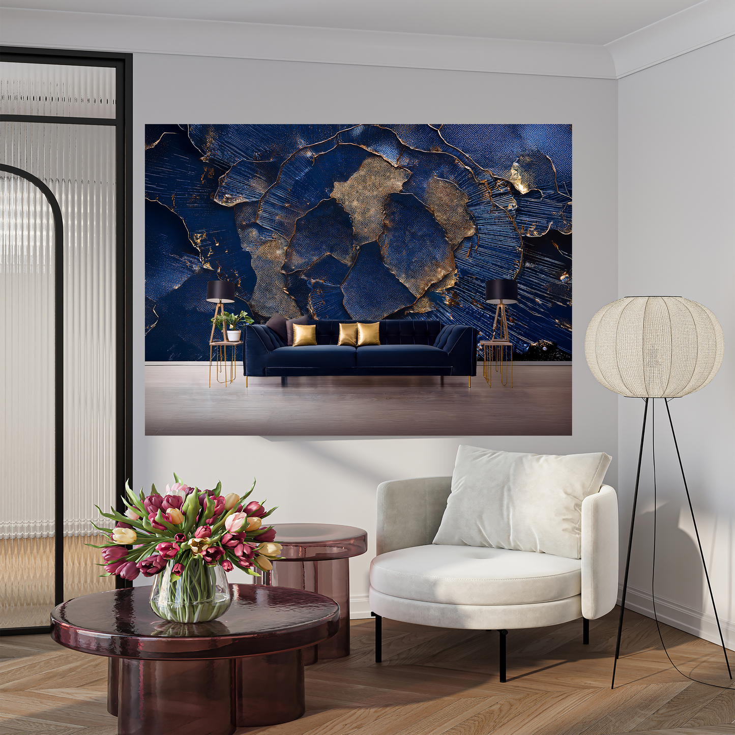 "Sovereign Navy" Neo-Deco Gold Leaf Abstract