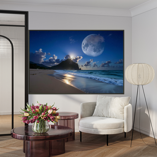 Nocturnal Radiance - Moonlit Coast & Tranquil Waves
