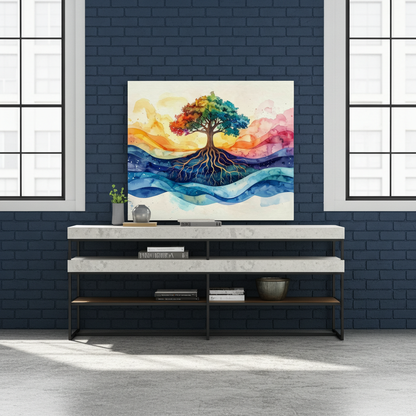 Wall art-  A tree with roots turning into watercolor waves