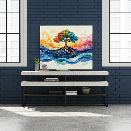 Wall art-  A tree with roots turning into watercolor waves