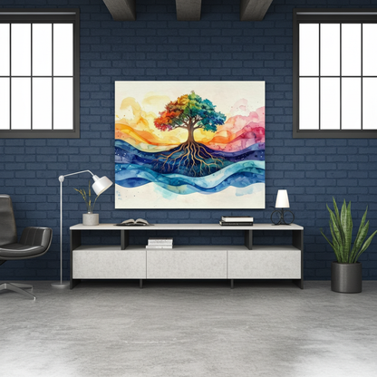 Wall art-  A tree with roots turning into watercolor waves