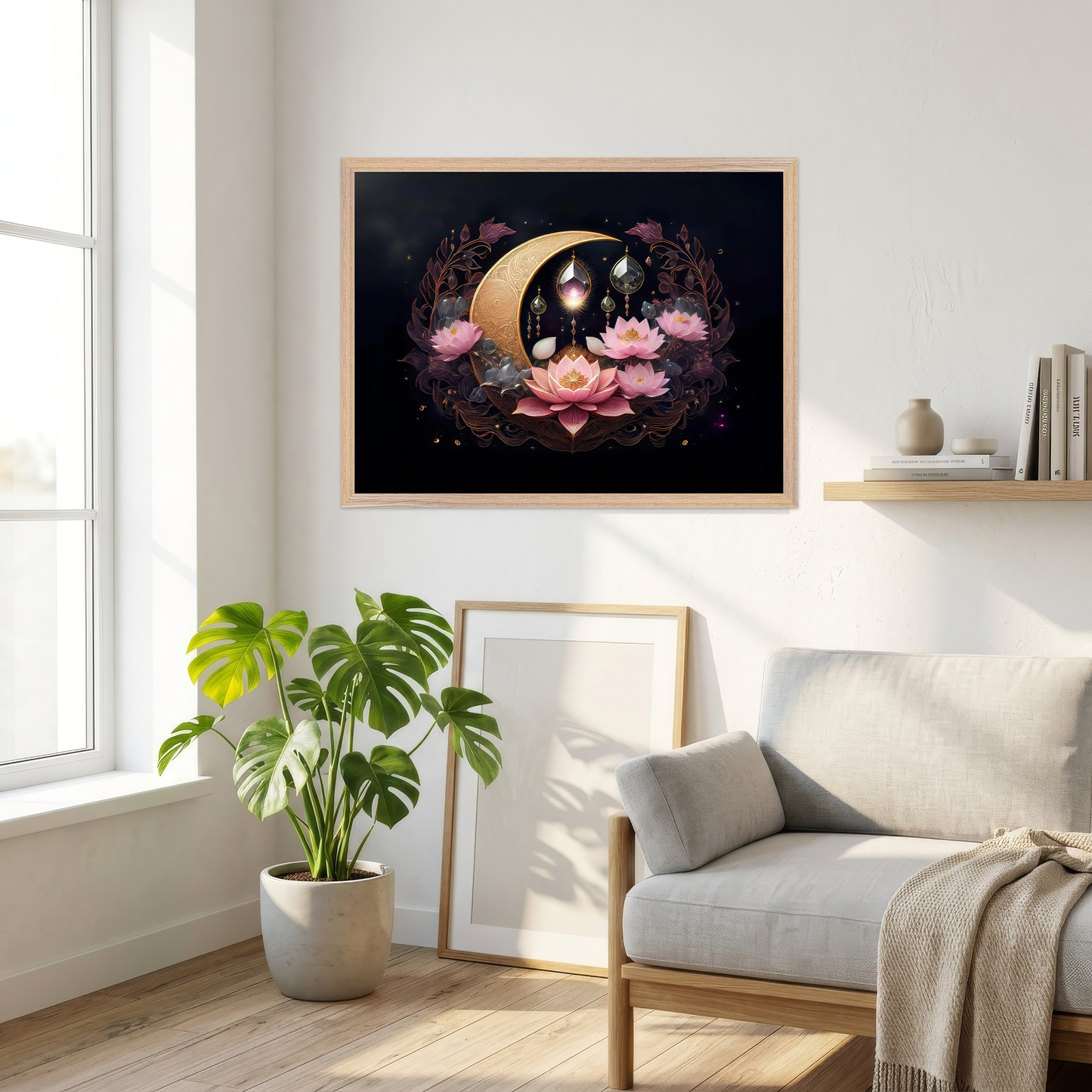 Gilded Celestial Moon and Starscape Lotus Wall Art