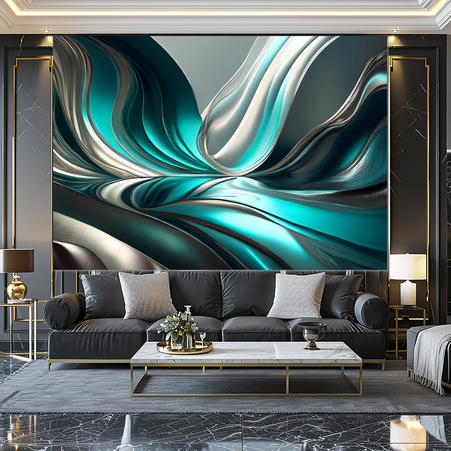 abalone turquoise, grey, pear white, dark grey in metallic colors, abstract beauty. Wall Art