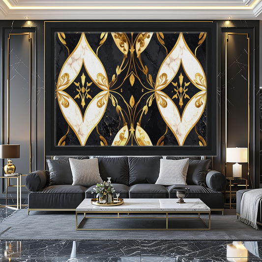 Wall Art- Champagne Gold And Pearl  White Art Deco Pattern, Elegant symmetry