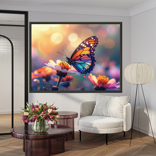 Wall Art- Realistic  Butterfly Canvas  Print - Iridescent Wings on Flower Macro Art