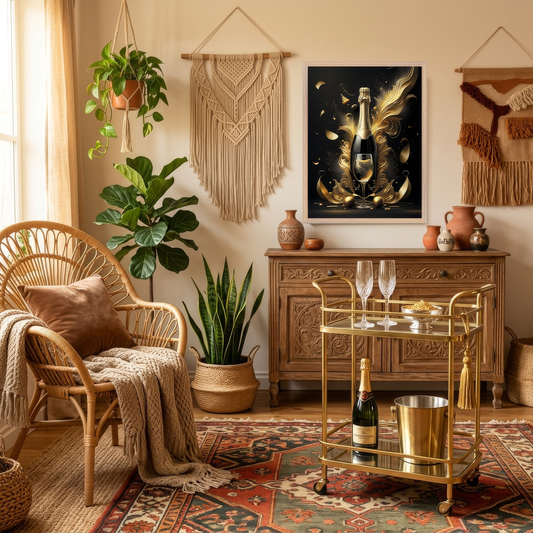 Champagne Celebration Gold Sparkle Bar Cart Art - Modern Kitchen Decor