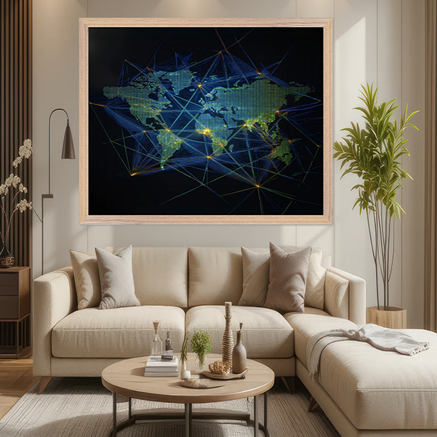 3D Digital World Map Wall Art - Neon Green & Blue Global Connectivity