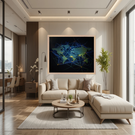 3D Digital World Map Wall Art - Neon Green & Blue Global Connectivity Canvas