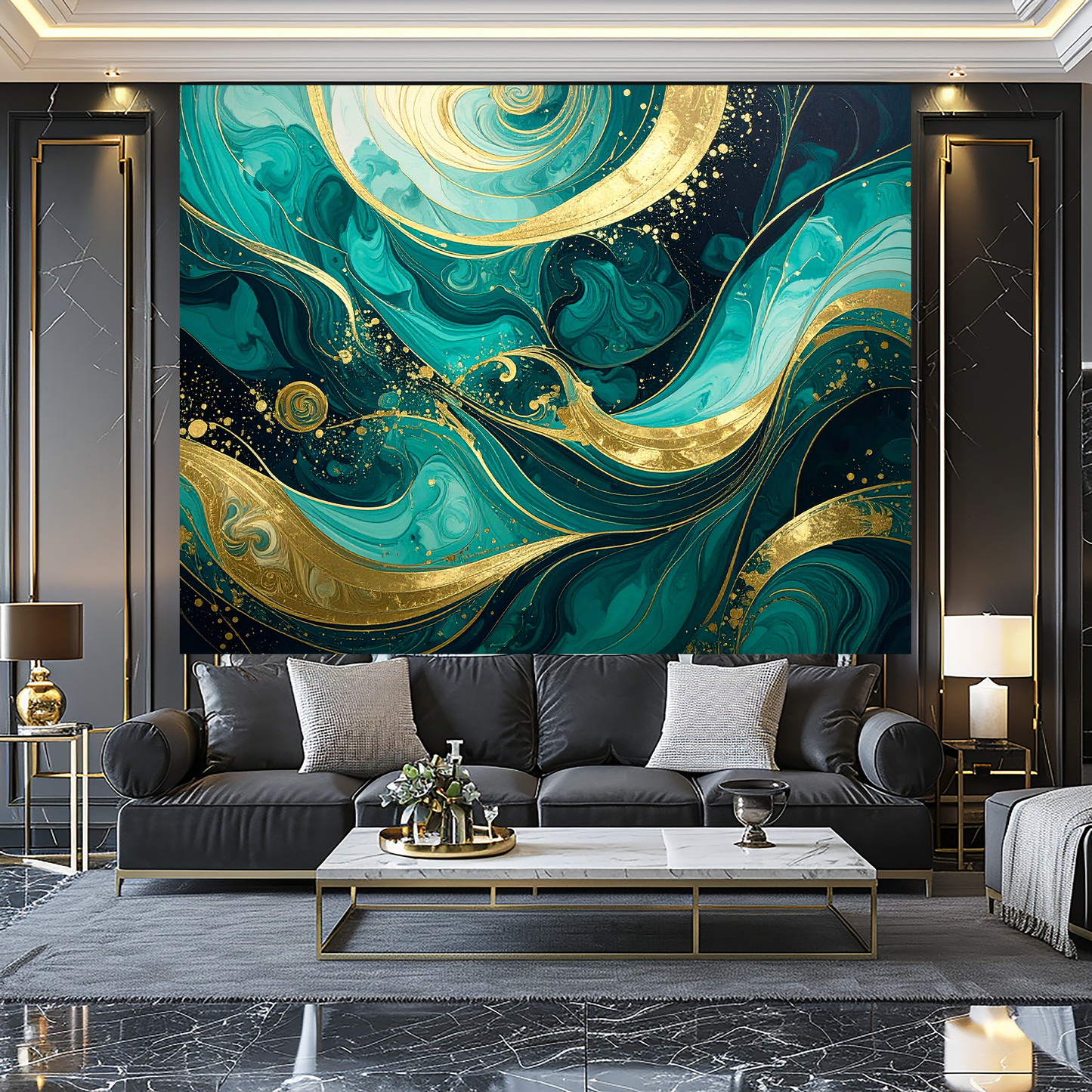 Teal Green and Gold Marble Abstract Wall Art - Luxury Swirl Decor