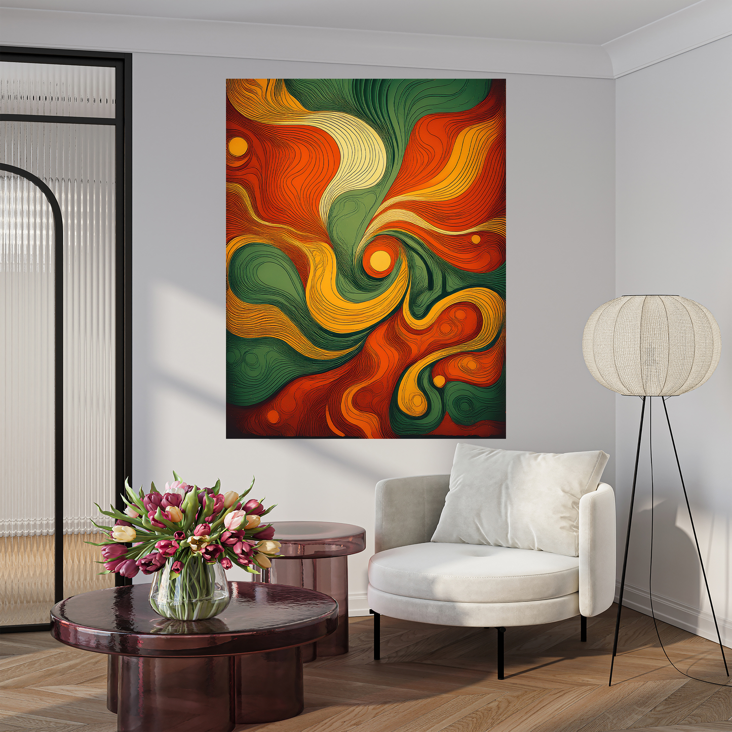 70s Retro Groovy Abstract Wall Art - Vibrant Orange and Green Art