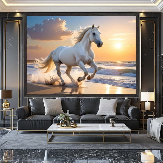 Sunset Stallion - Majestic White Horse on the Shore