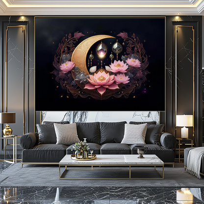 Gilded Celestial Moon and Starscape Lotus Wall Art